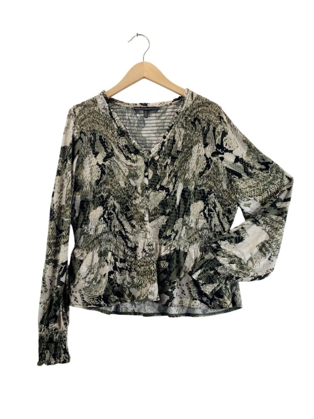 Camouflage Snakeskin Print Peplum Blouse XL WHBM Jersey Knit Smocked Puff Sleeve